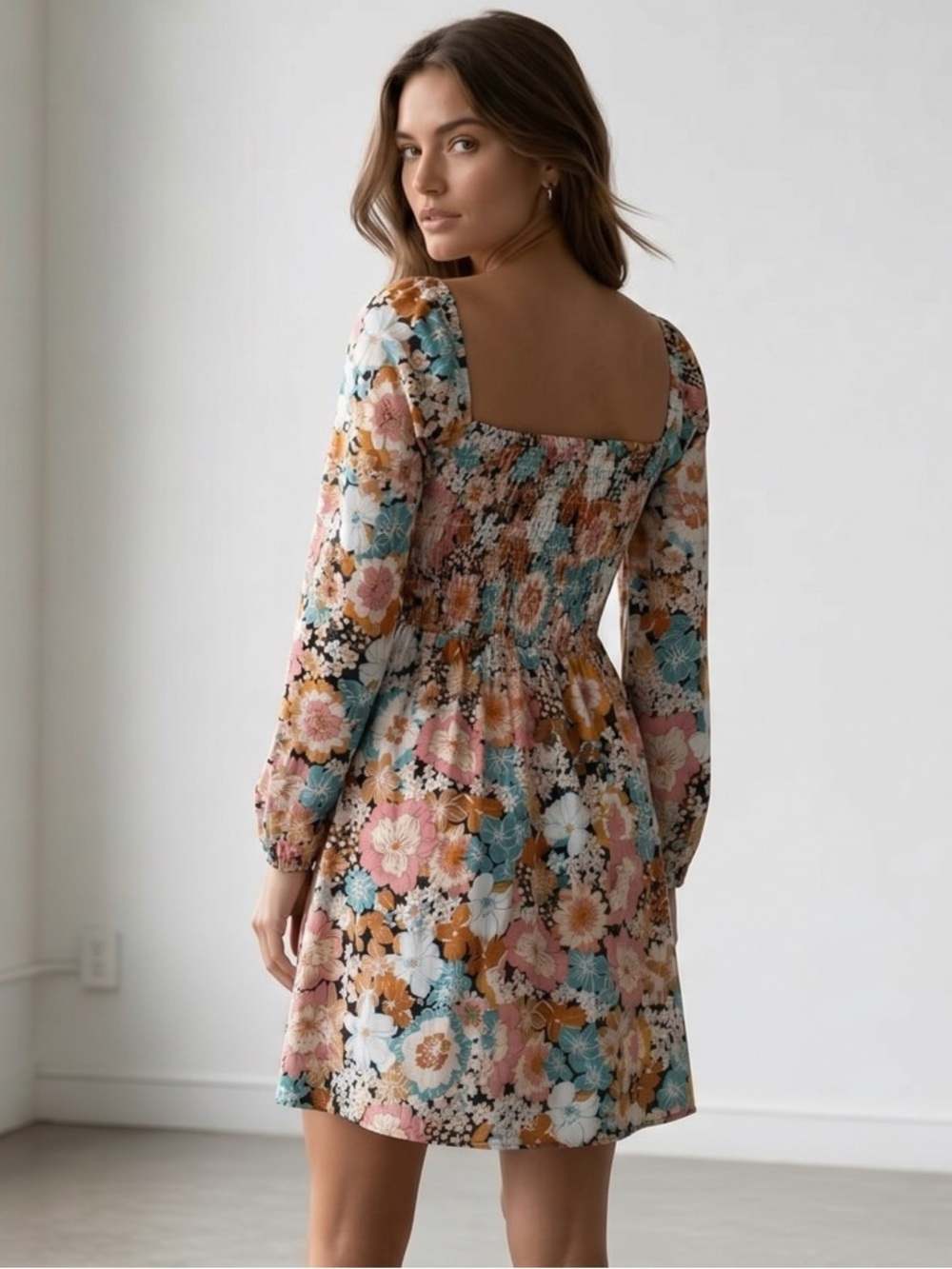 Blu Pepper Smocked Bodice Multi-Color Floral Square-Neck Mini Dress With Liner - Picture 2 of 5